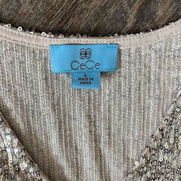 CeCe Sequined V-Neck Cap-Sleeve Silver Blouse-Size Large - Picture 3 of 6